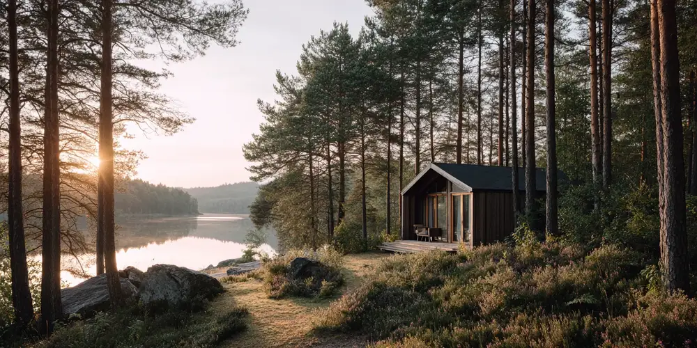 Ett mindre skandinaviskt trähus i naturnära miljö med installerad utomhusbelysning från Ampy.