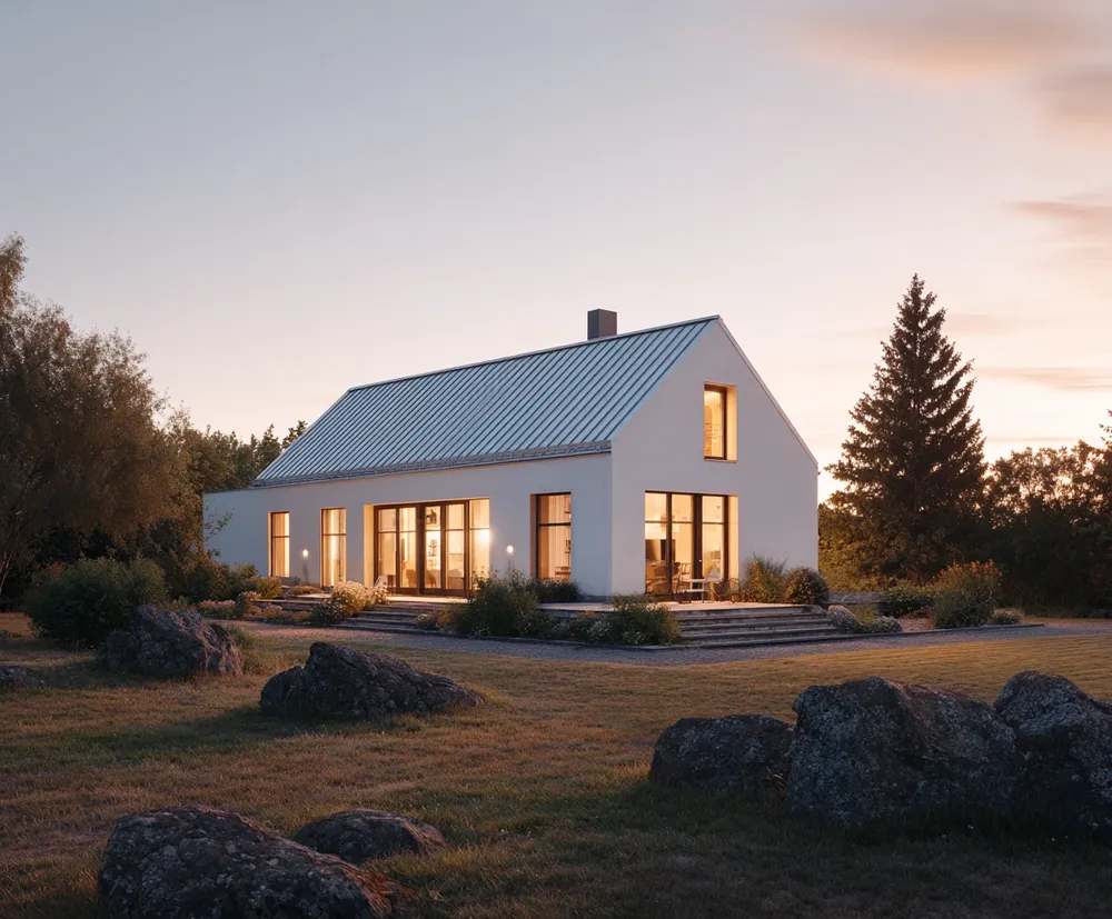 Ett modernt och framtidssäkrat hus i skymningen med smarta elinstallationer från Ampy.