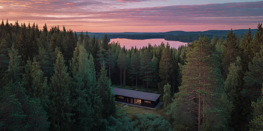Exteriörbild av en modern villa med tända fönster under en solnedgång där Ampy ansvarat för elinstallationen.