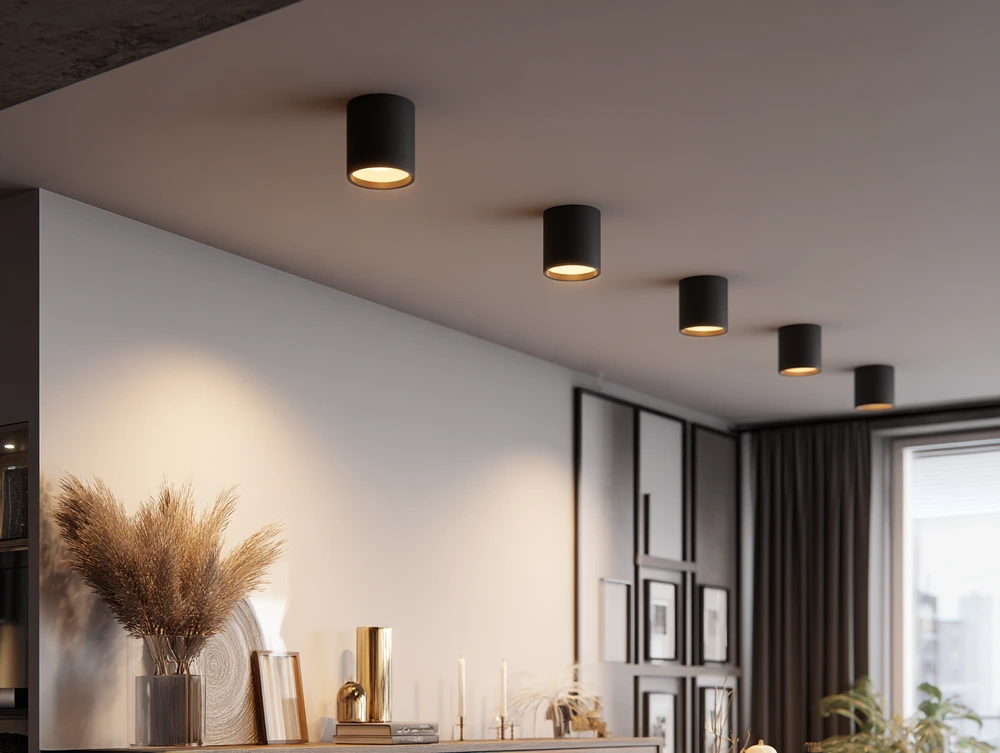 Spotlights i ett kökstak som ger jämn och funktionell arbetsbelysning över bänkskivorna.