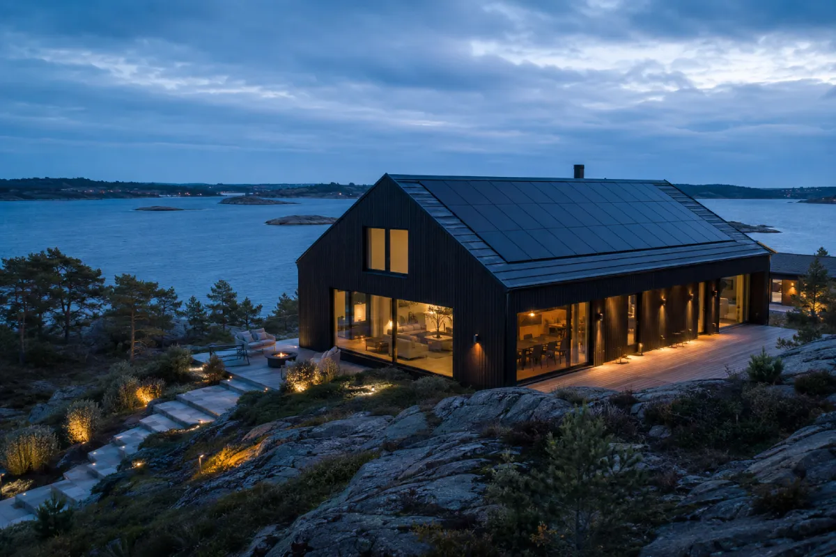 Sleek black home with solar panels by water at twilight.