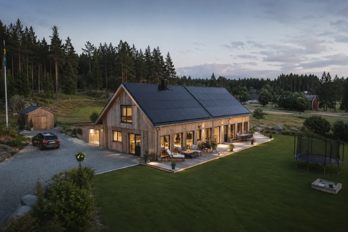 Modern wooden house with solar panels, rural setting at dusk.