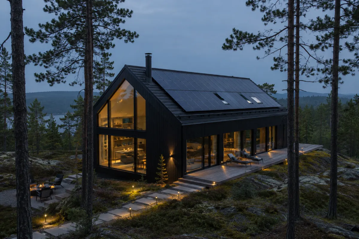 Modern black cabin with solar roof in twilight forest setting.