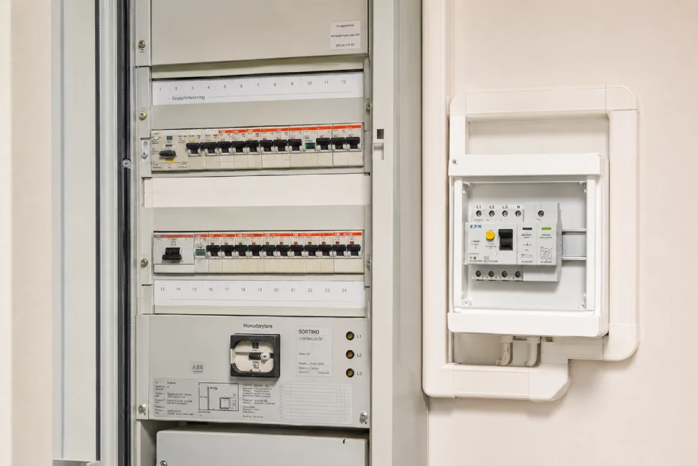 Elcentral och jordfelsbrytare i en modern elinstallation.