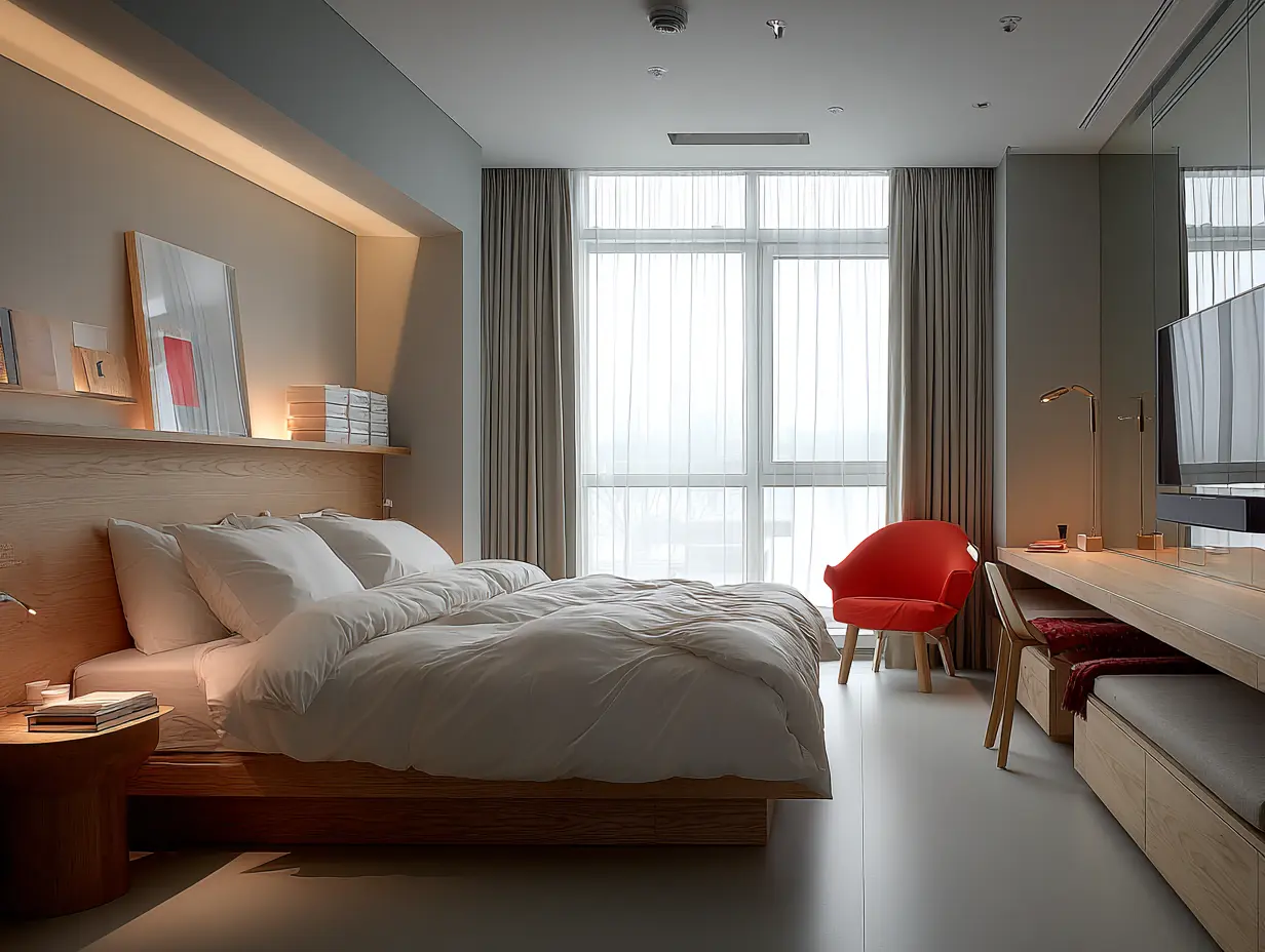 En elektriker som arbetar med elinstallation i ett hotellrum, med fokus på funktion och design.