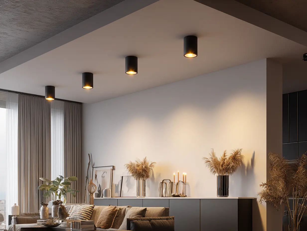 Designade spotlights som fungerar både som funktionell belysning och en estetisk detalj i taket.