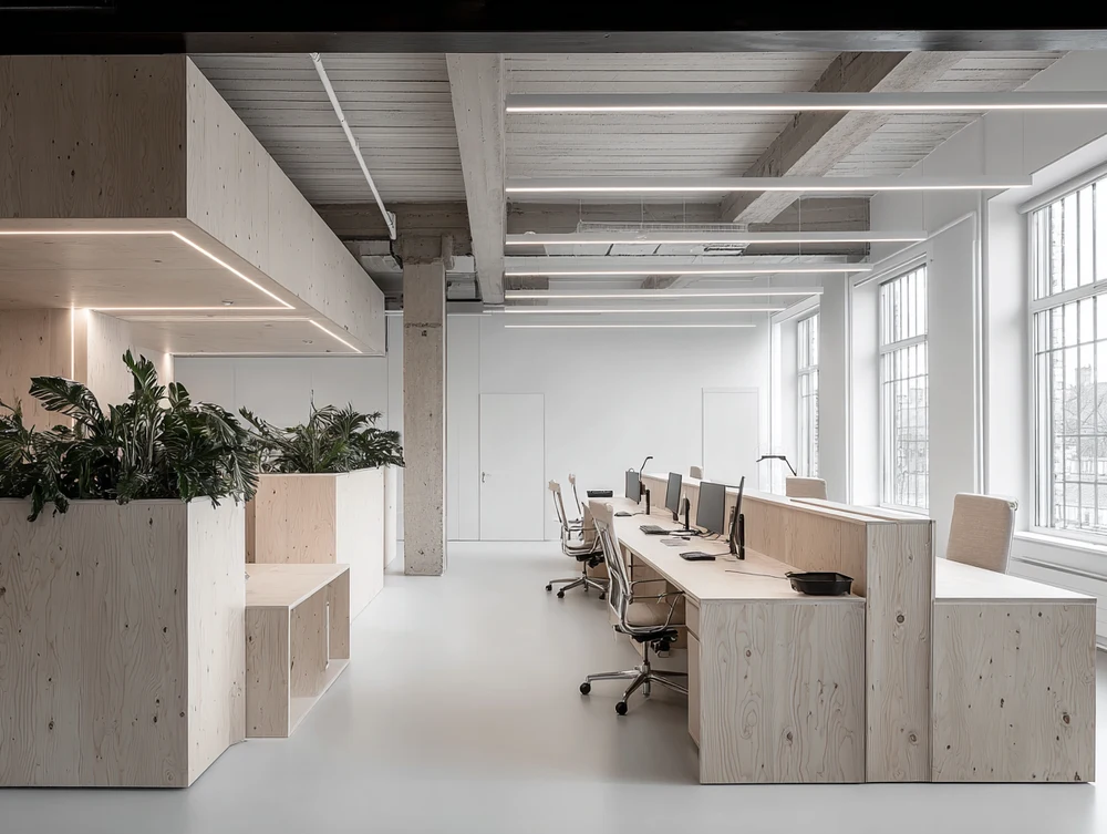 Integrerad modern belysning i ett kontor, designad för produktivitet.
