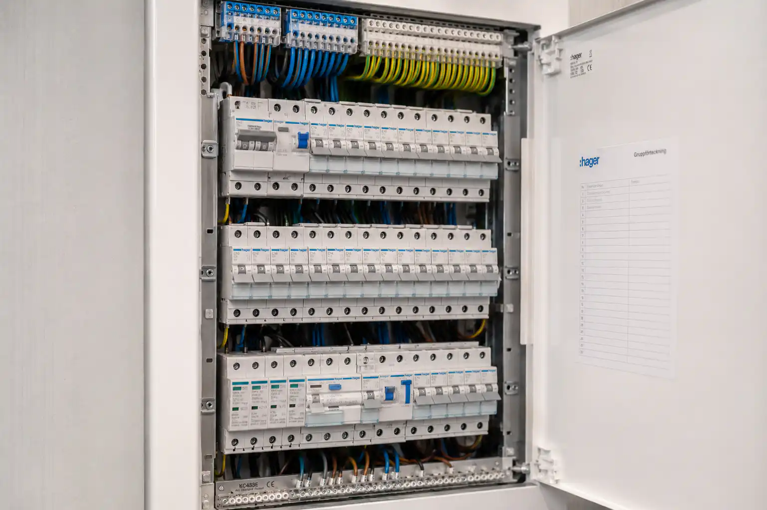 Öppen elcentral med automatsäkringar och kablage