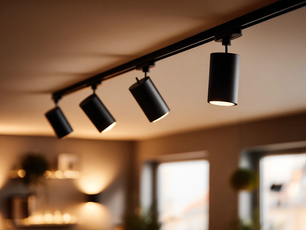 Närbild på moderna och energieffektiva LED-spotlights monterade i ett tak.